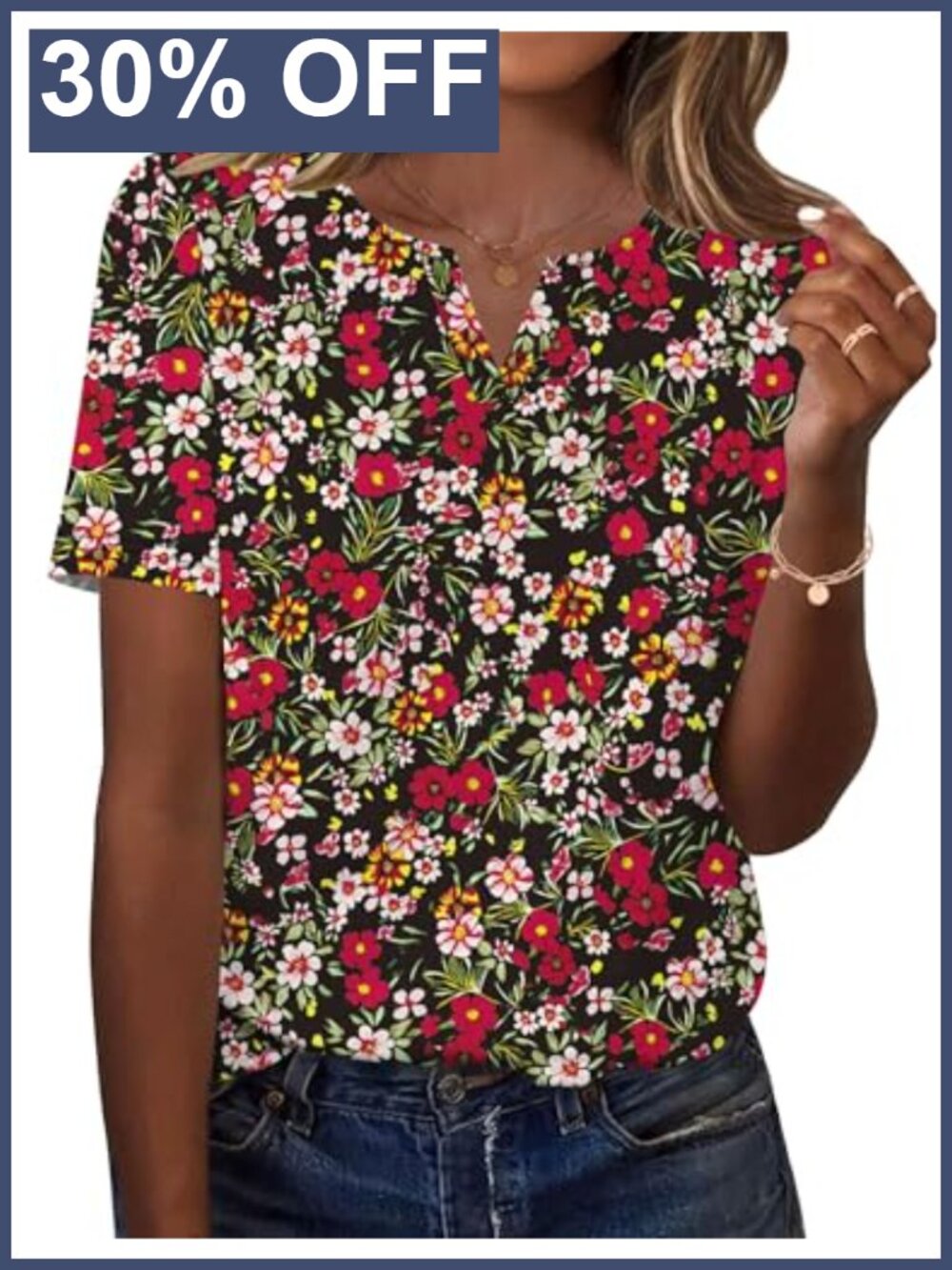 Womens V Neck Short Sleeve Tunic Blouse Floral Casual Top
